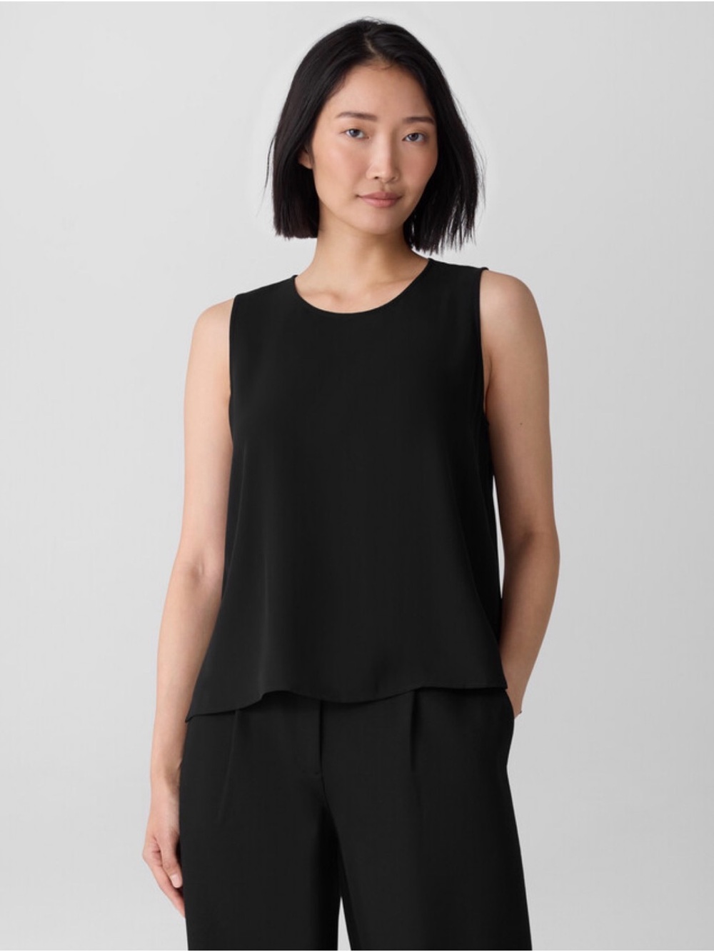 GUC XXS Eileen Fisher Black Silk Georgette Crepe Round Neck Tank